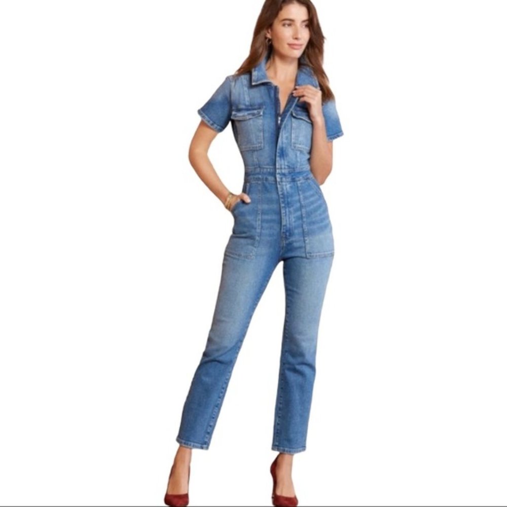 Good American Fit for Success Short Sleeve Denim Jumpsuit Sz 2 M
